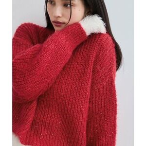 Sparkly Red Knit Sweater Sequins Crew Neck Long Sleeve Cozy Pullover Women F